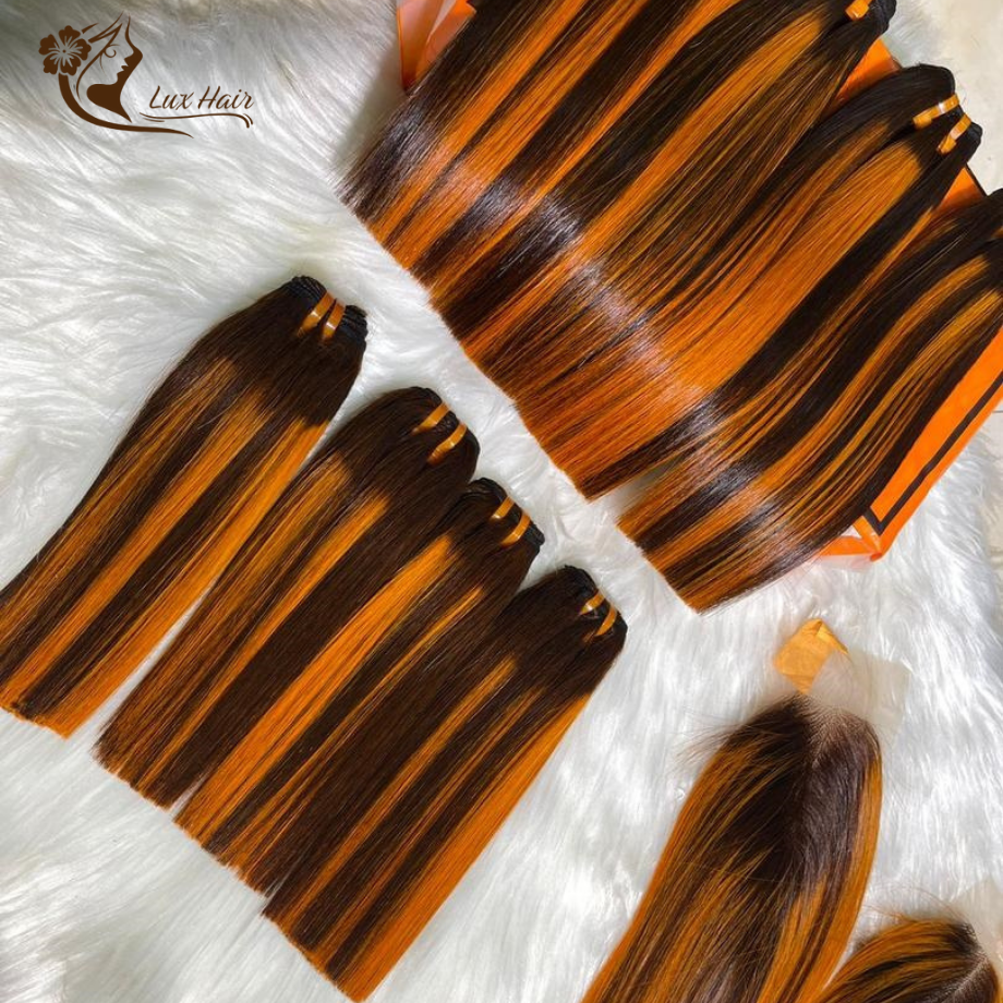 close up piano orange color bone straight hair bundles with closure