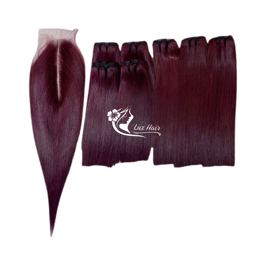 Close-up of Lux Hair burgundy color bone straight weave with closure