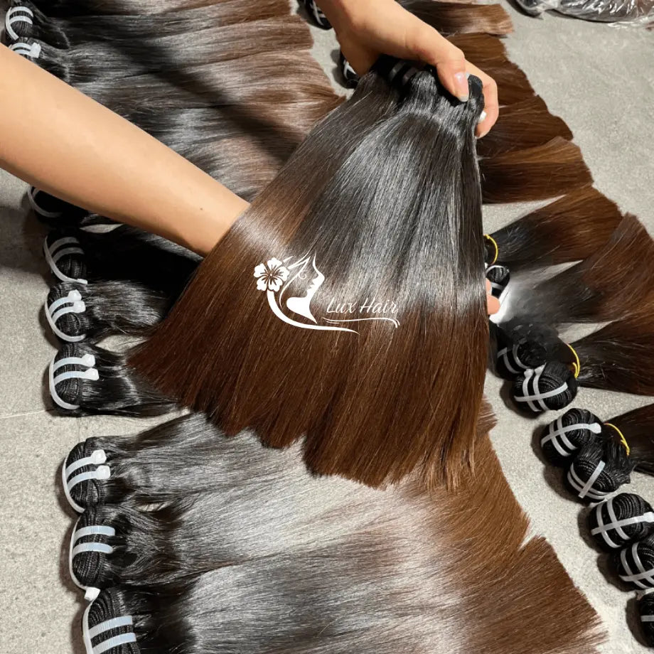 Lux Hair black brown bone straight weave installed – natural shine and smooth finish