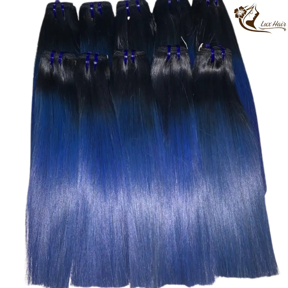ombre dark blue color bone straight Vietnamese hair bundles