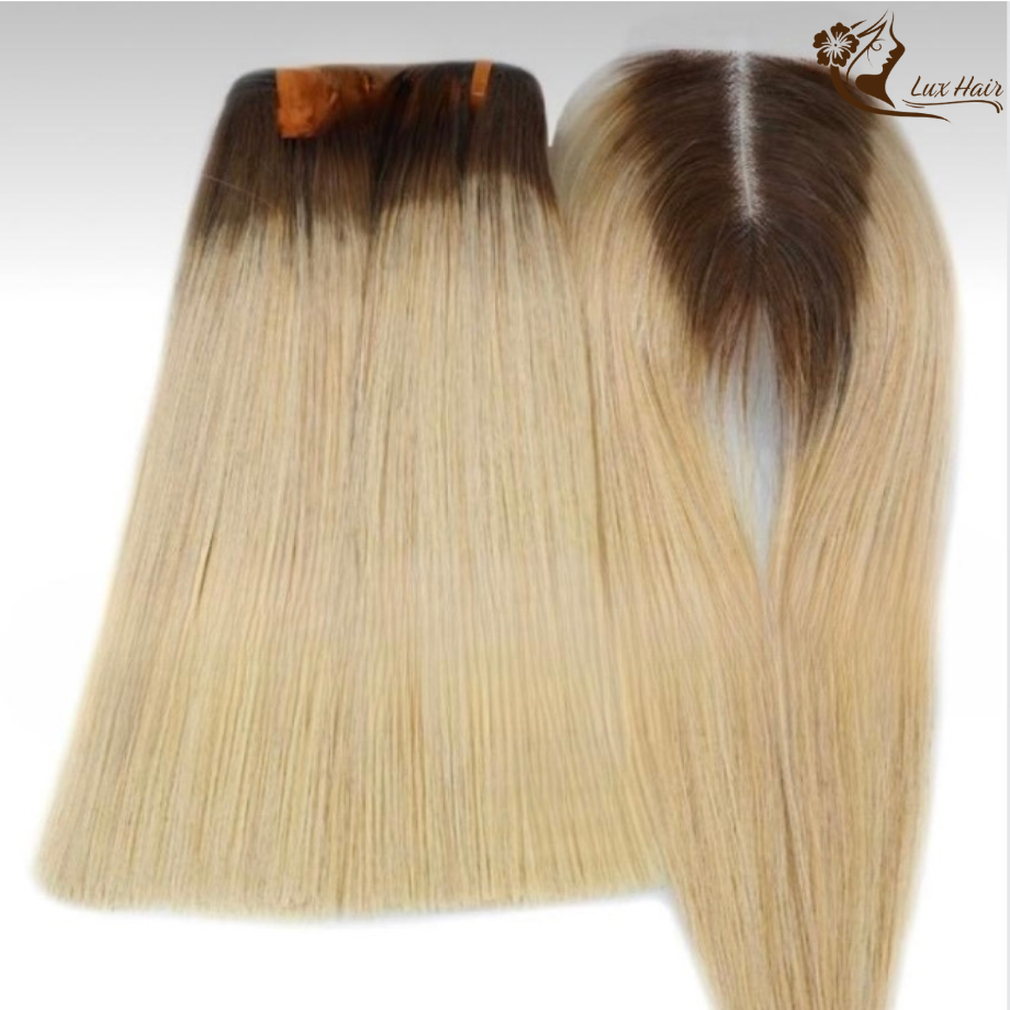 ombre gold blonde color bone straight Vietnamese hair bundles with closure