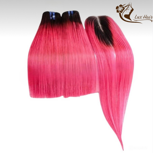 Pink Color Bone straight hair bundles with closure