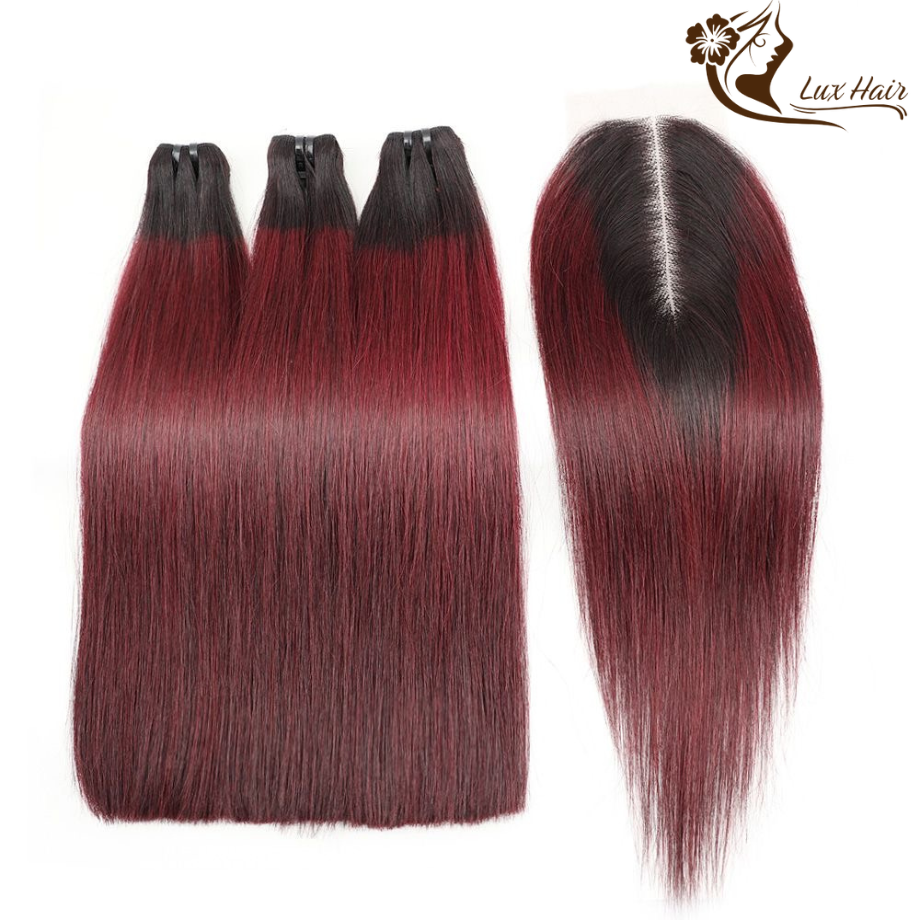 red burgundy color bone straight hair bundles color with closure