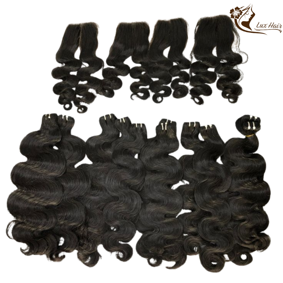 Close-up of Lux Hair’s Body Wavy Hair in Natural Black Color – Cuticle Aligned and Tangle-Free